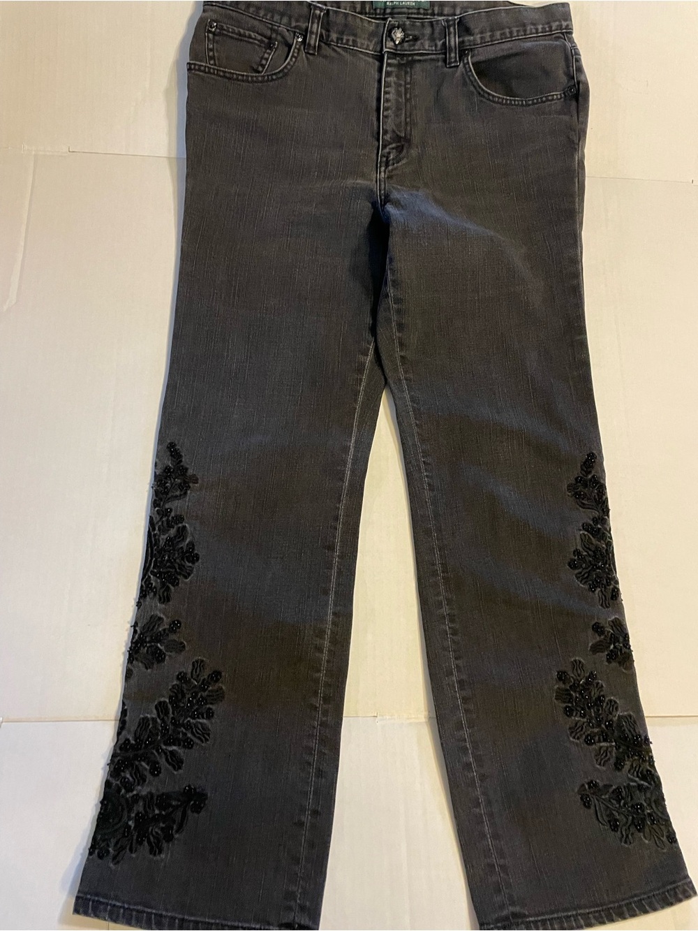 Ralph Lauren Charcoal Gray Boot-Cut Jeans with Black Embroidery